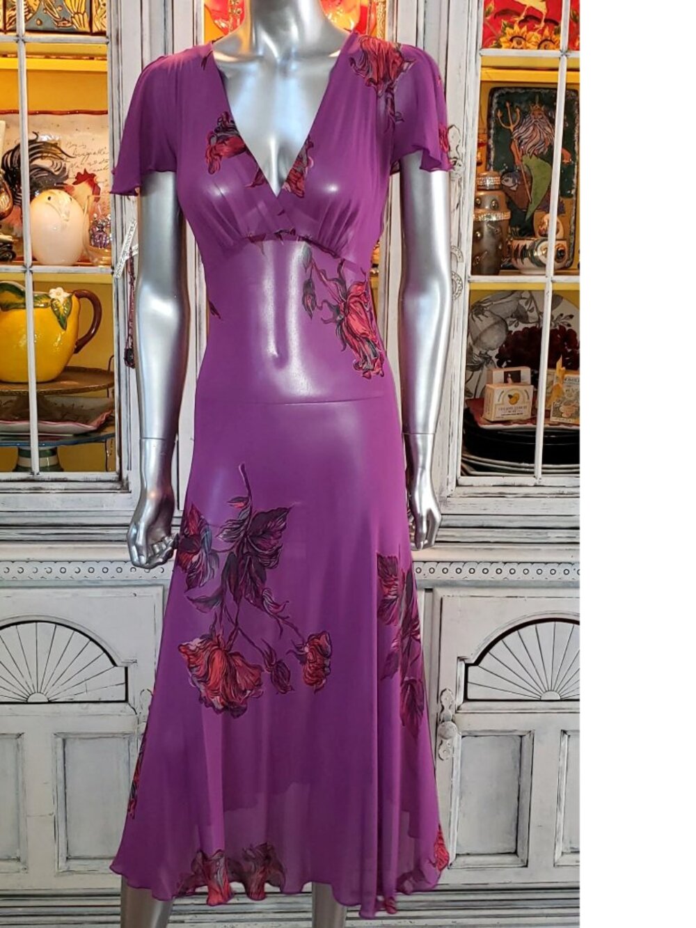 Vintage Betsey Johnson New York 90s Sheer Purple Floral Rose Midi Slip Dress - Picture 2 of 14